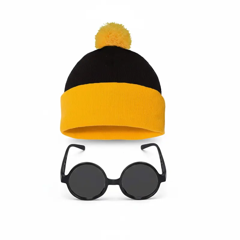 2 Piece Unisex Halloween Knit Beanie Hat and Glasses Set, Black & Golden Yellow Color Block Winter Cap with Matching Eyewear, Streetwear Hip Hop Cosplay Costume Accessories for Women Men, Oversized 58-60CM Soft Knit Hat for Halloween Party, Festival and D