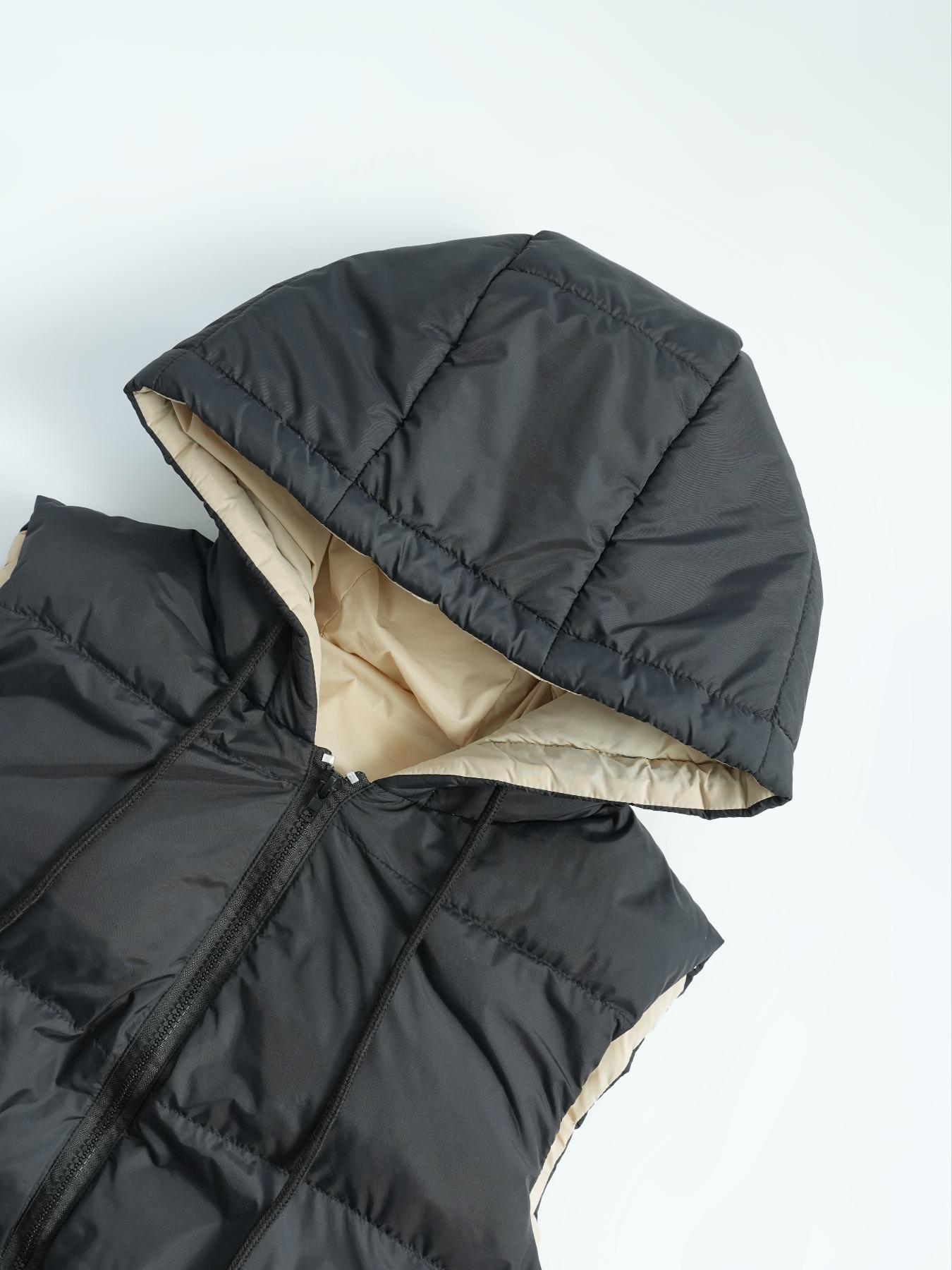 Women's Woven Solid Pocket Zip Up Drawstring Hooded Vest Winter Coat, Casual Fashionable Loose Sleeveless Thick Warm Coat for Daily Outdoor Wear, Women Clothing for Fall & Winter, Womenswear