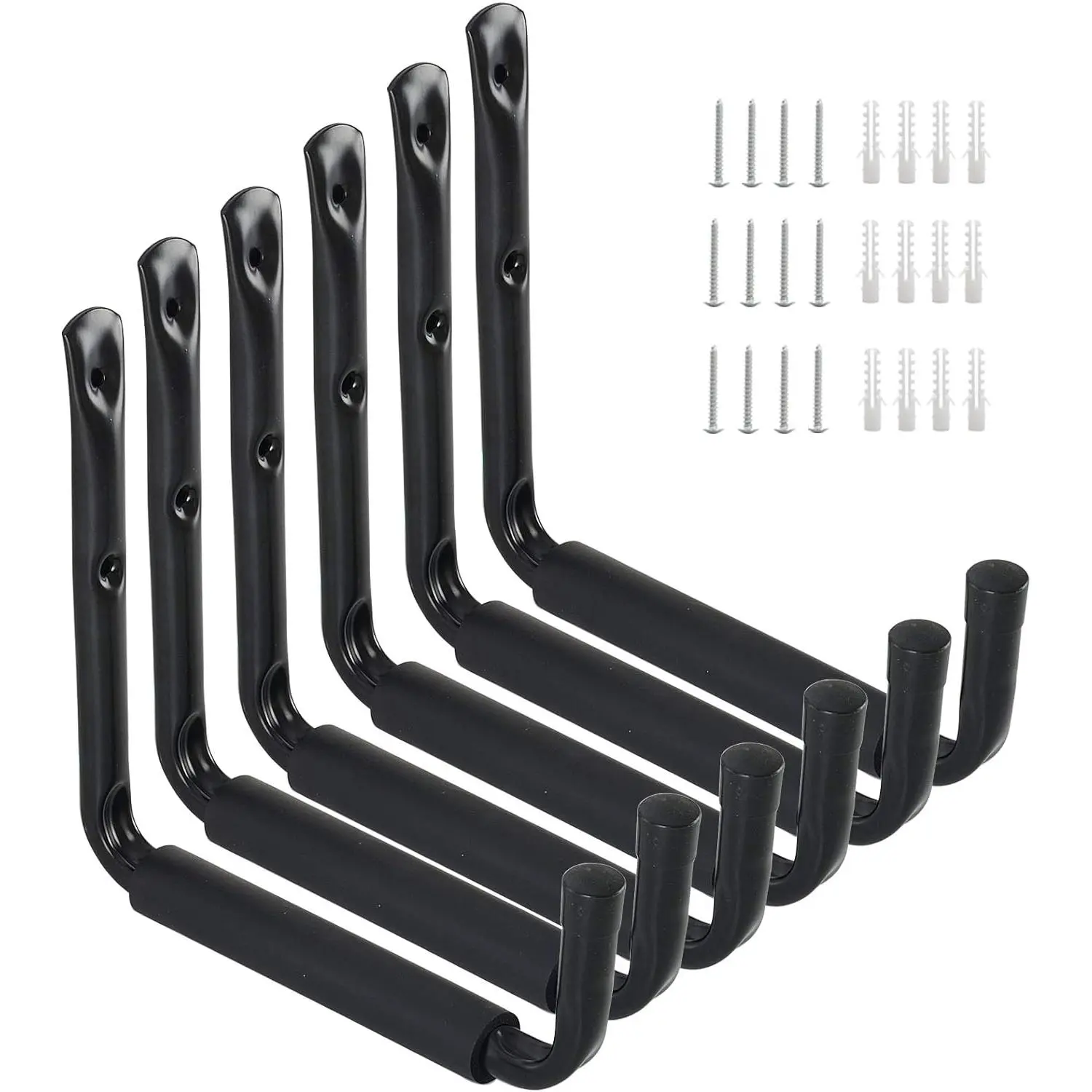 9 in Arm Steel Heavy Duty Garage Storage Utility Hook Set, Modern Wall Mount Organizer for Ladder, Tool, Chair (6 Pack - Black, Synthetic Build)