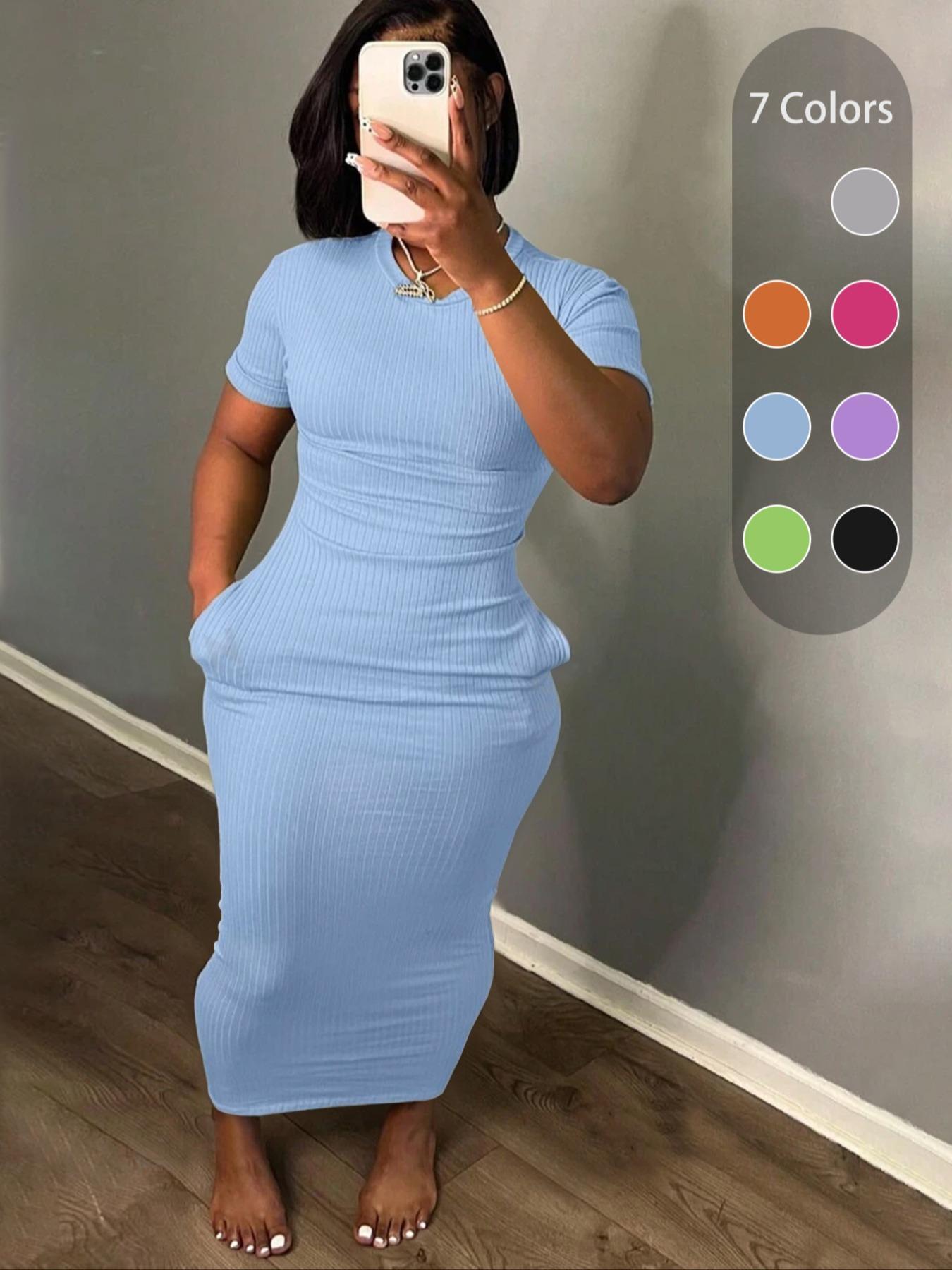 Plus Size Plain Pocket Round Neck Bodycon Fit Dress, Casual Short Sleeve Ribbed Long Dress for Summer, Women's Clothes for Daily Wear