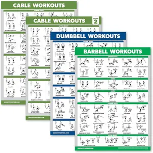4 Pack Laminated 18" x 24" Workout Posters, Include Cable Machine Exercises Vol.1 & 2, Dumbbell & Barbell Training Guides
