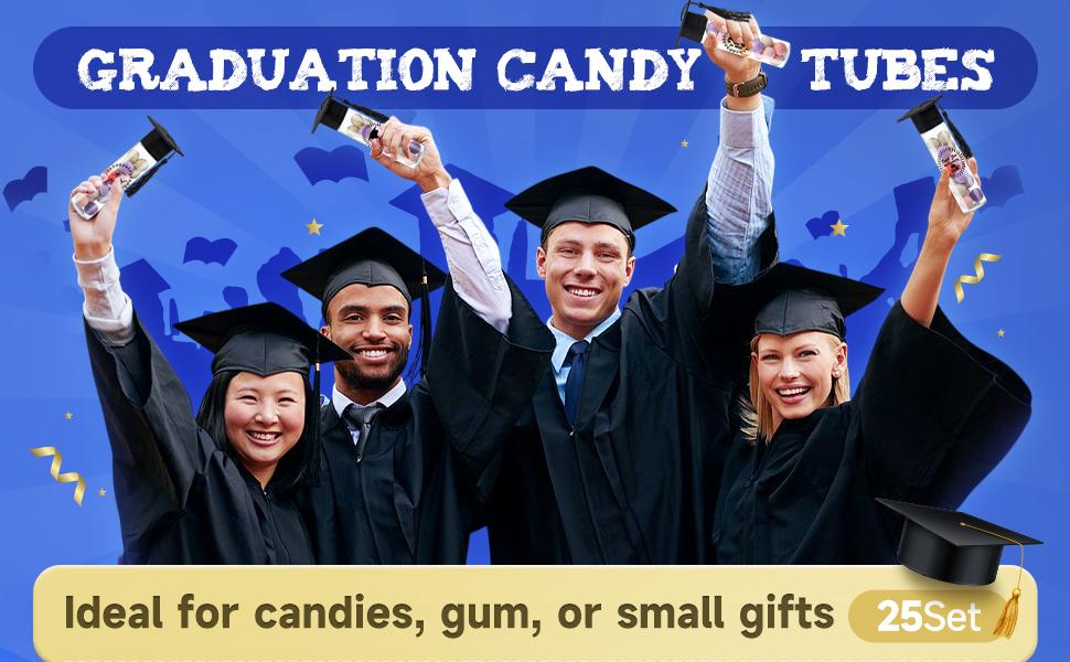 25 Pcs Graduation Candy Tubes 2026 Graduation Party Favors Candy Boxes Plastic Grad Cap Jars Container with Tassels and Stickers for DIY Grad Table Party Favors (Blue)