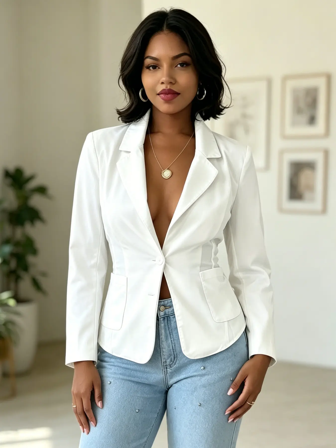 A ladies' pure white satin waist-cinched blazer, Long Sleeve, with back lacing design, featuring a slim-fitting silhouette, open-back crossover tie detail, smooth lightweight breathability, suitable for daily wear, outings, and indoor/outdoor styling