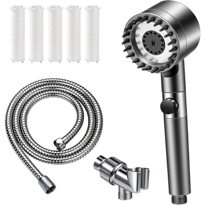 Ionic filtration handheld shower head with 3 adjustable spray modes; high-pressure shower head set including a replacement hose, wall-mount bracket, and 5 replaceable cotton filter cartridges—suitable for hard water bathrooms.