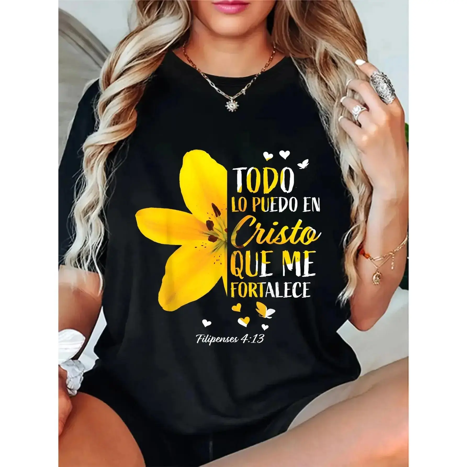 Women's Cotton Casual Round Neck Short-Sleeve T-Shirt - Streetwear, Christian Gift, Filipenses 4:13 Biblical Verse, Unisex Cut