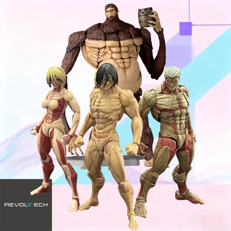 100% Genuine Original Kaiyodo Revoltech Amazing Yamaguchi Attack on Titan PVC Action Figure Set - Beast, Armored, Female Titans, Stands, Box