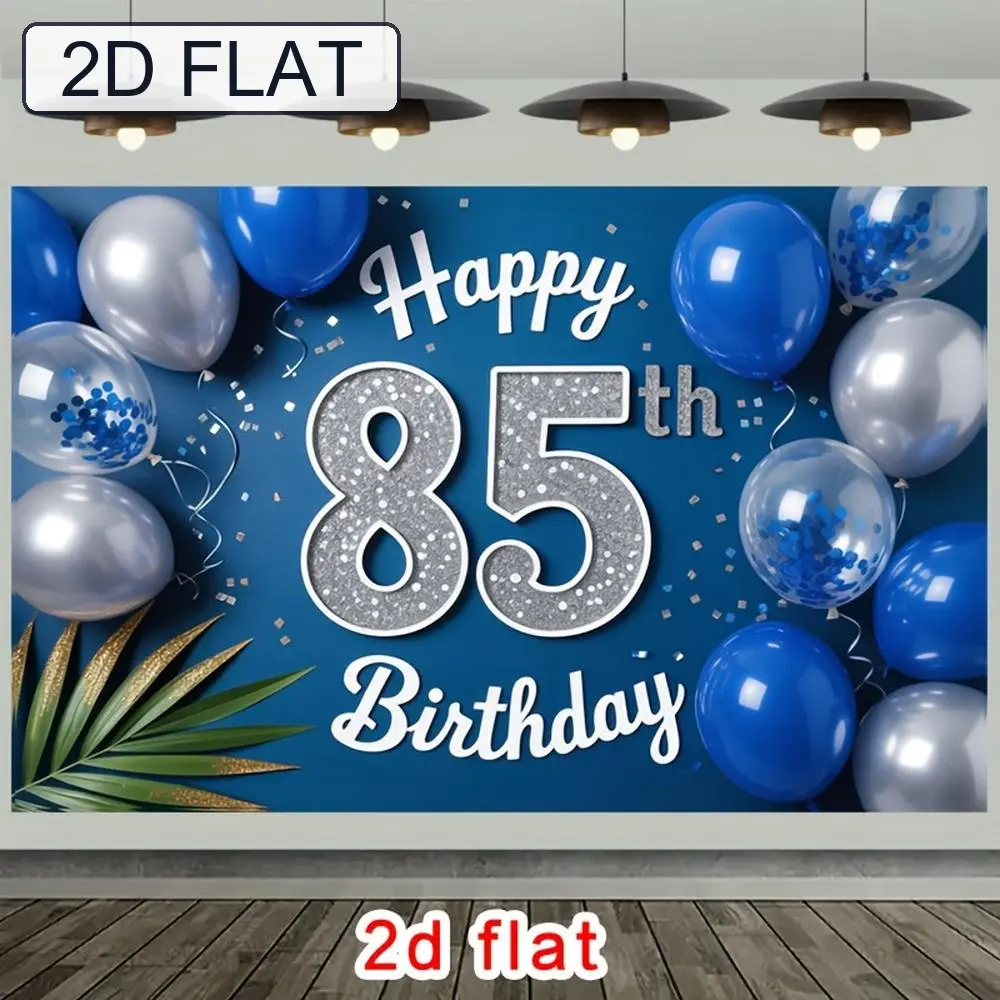 2D Flat - 2D Flat - A 2D Flat Banner Featuring a Single Happy 85Th Birthday Design with Silver Glitter And Blue Balloons, Perfect for Decorating Parties in Various Settings Like Farms, Gardens, Homes, Or Clubs White