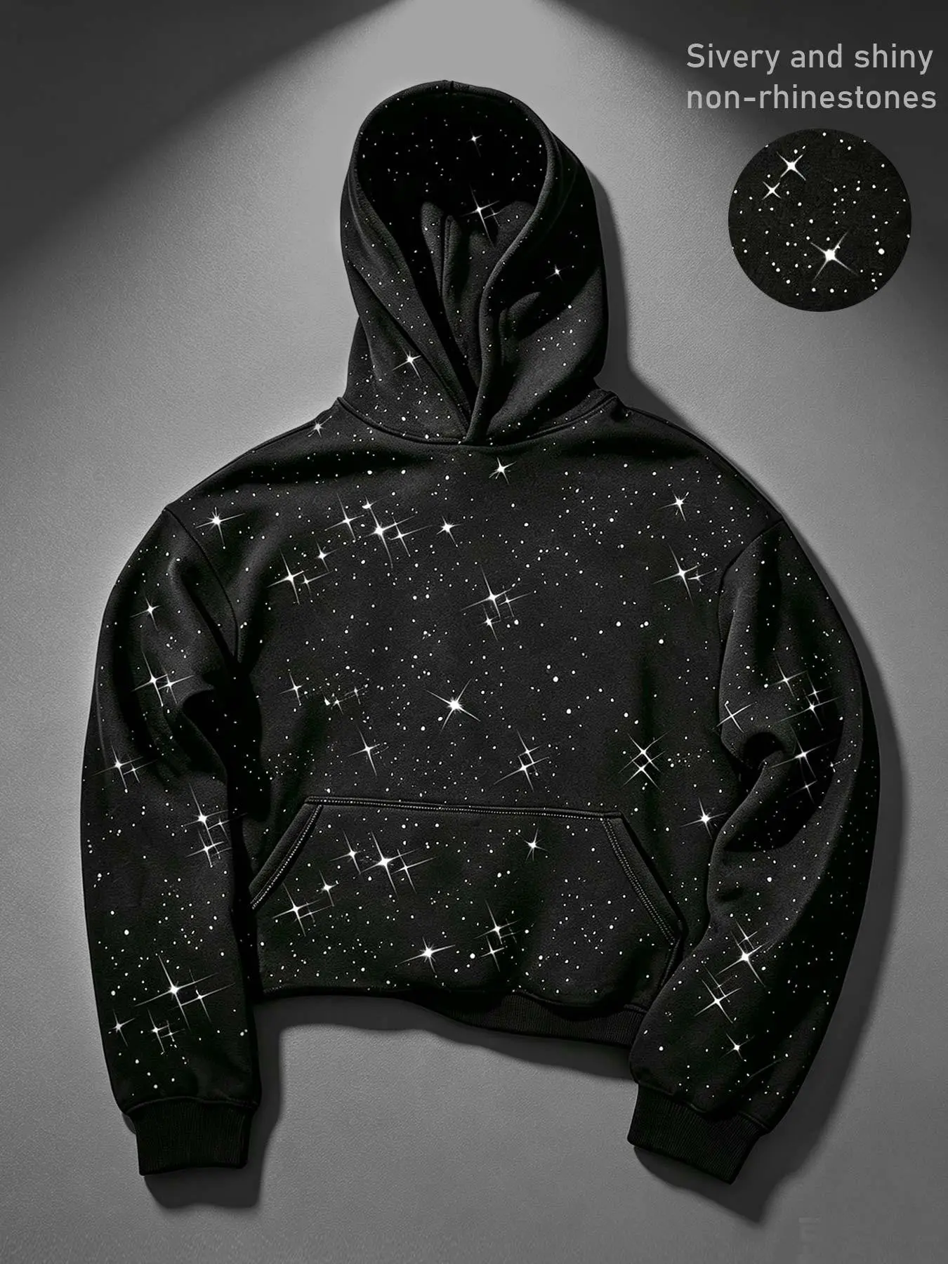 Y2K Silver Glitter Starry Printed Hooded Sweatshirt for Men and Women. Warm, non-hot diamond loose black hoodie for women. Gothic style. Street daily wear top. No diamond starry sky sparkling velvet sweatshirt hoodie.