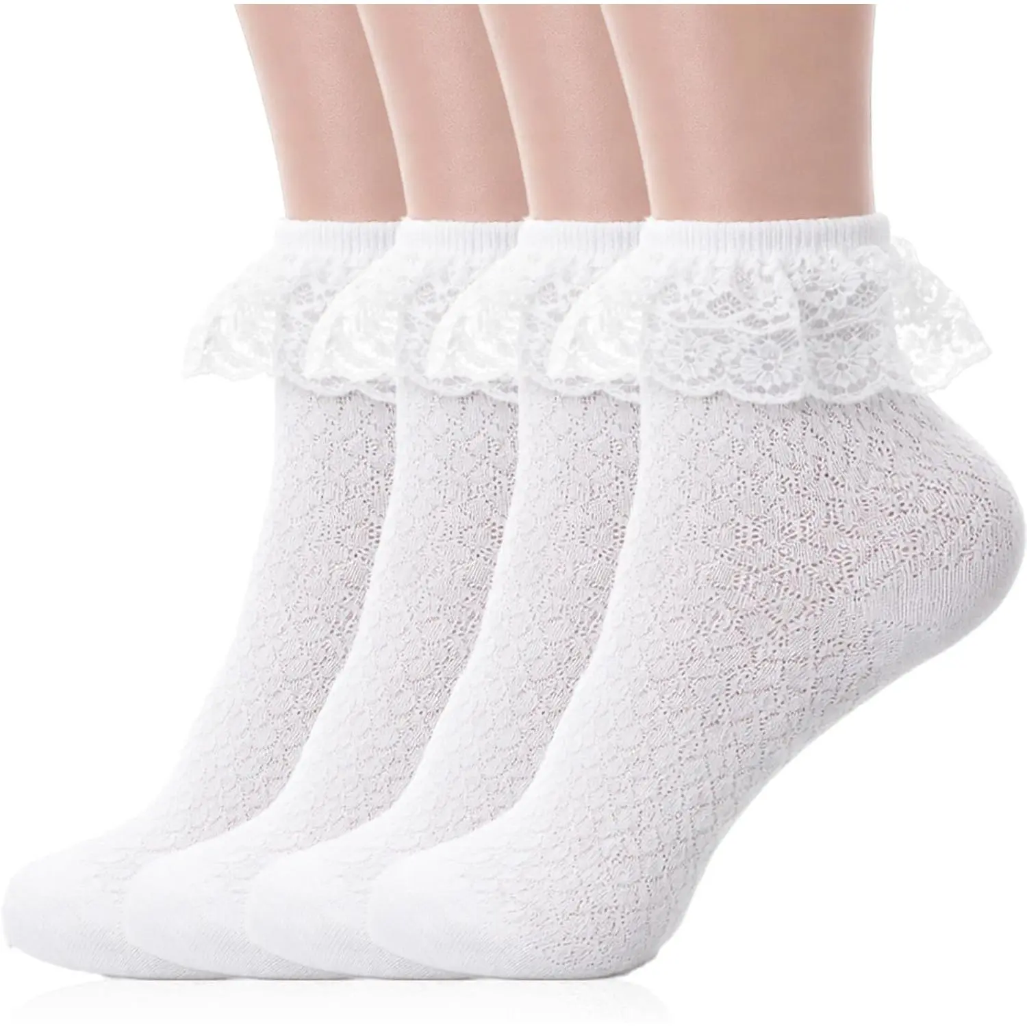 2 Pairs White Ruffle Socks for Women, Breathable Cute Frilly Socks Women, Comfortable Cotton Lace Ankle Sock for Ladies Girl Princess Lolita