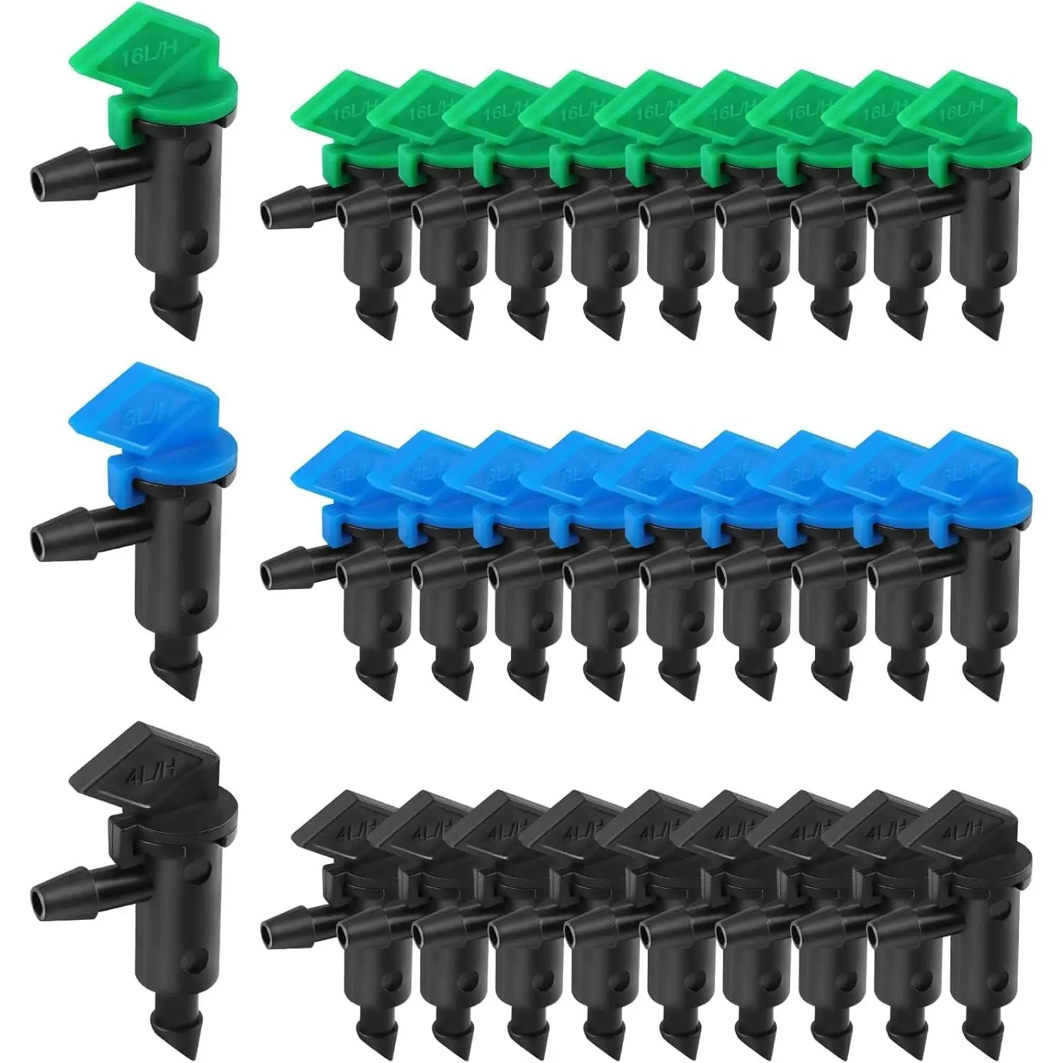 90 count Drip Emitter, 3 Colors Garden Flag Irrigation Drippers in 3 Sizes, 1 GPH, 2 GPH, 4 GPH Per Hour for Trees and Shrubs Watering