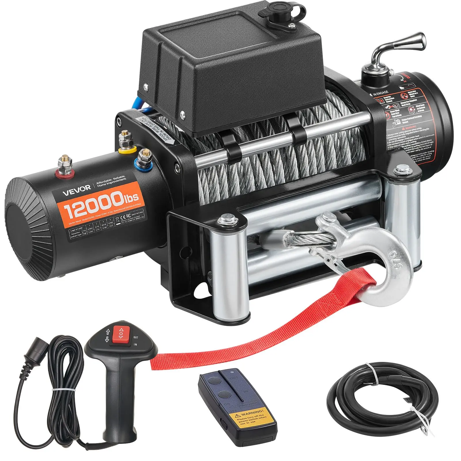 VEVOR Electric Winch, 12000 lbs Load Capacity, 12V DC Truck Winch with 7/20 inx 85 ft Steel Rope, Wireless Wired Remote Control, Suitable for Towing SUV Jeep Trailer Boat Off-Road Vehicle