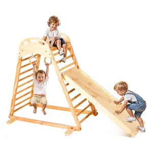 VEVOR Indoor Playground Jungle Gym, 4-in-1 Wooden Indoor Playground Climbing Toys for Kids, Montessori Toddlers Climber Playset with Climbing Rock, Slide, Wooden Ladder & Gym Rings, 220LBS Loading