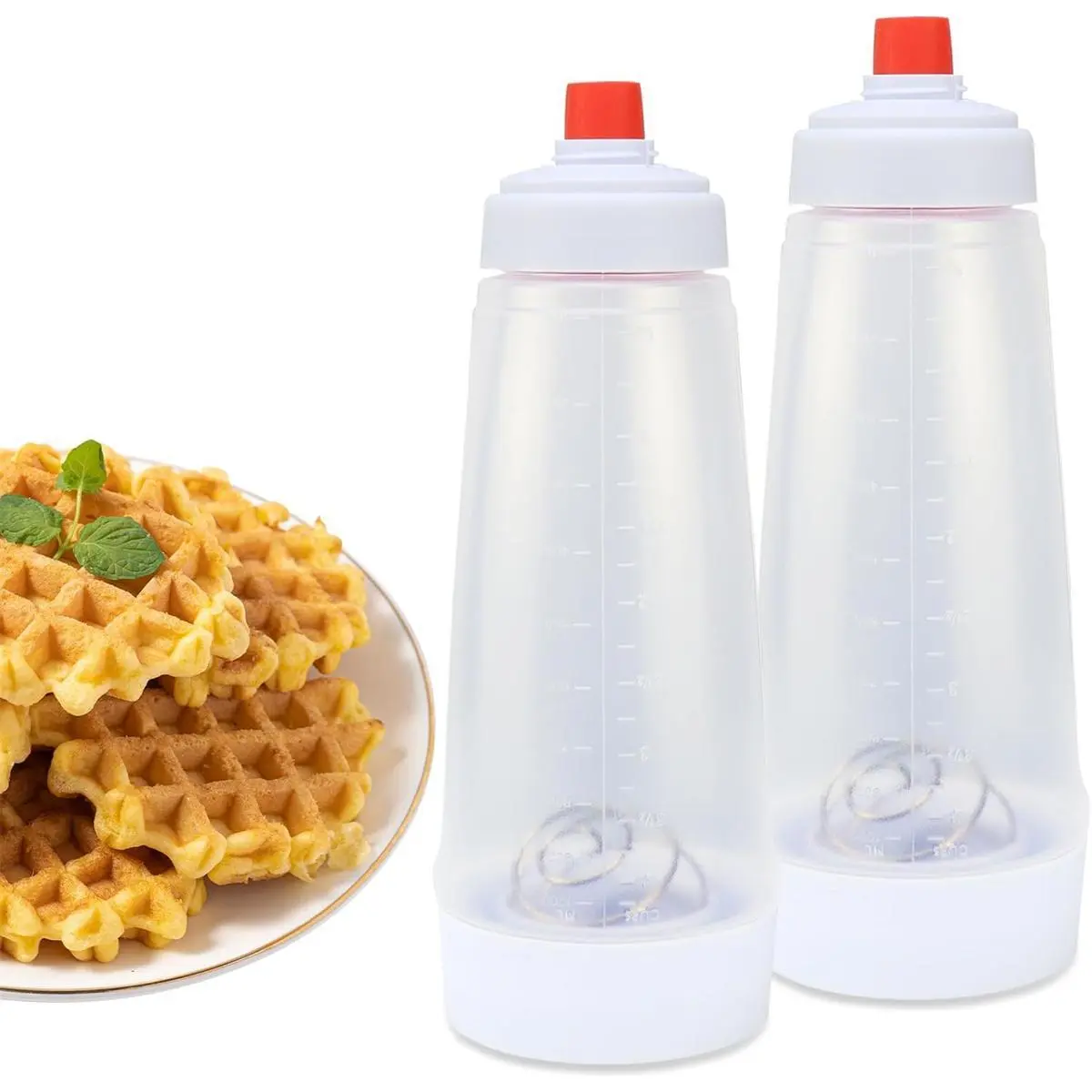 2-Pack 33 Oz Durable Reusable Silicone Pancake Batter Mixer & Dispenser Bottle - Kitchen Gadgets, Baking Tool with BlenderBall Mix, Scale Lines, Disassembles for Fast Easy Cleaning, Smooth Pour, for Cupcakes Muffins