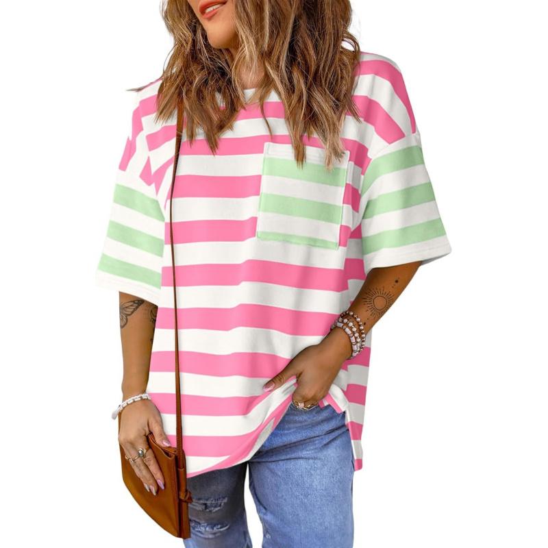 Womens Oversized Color Block Striped Tshirts Summer Casual Short Sleeve Tops Loose Fit Crew Neck Shirts