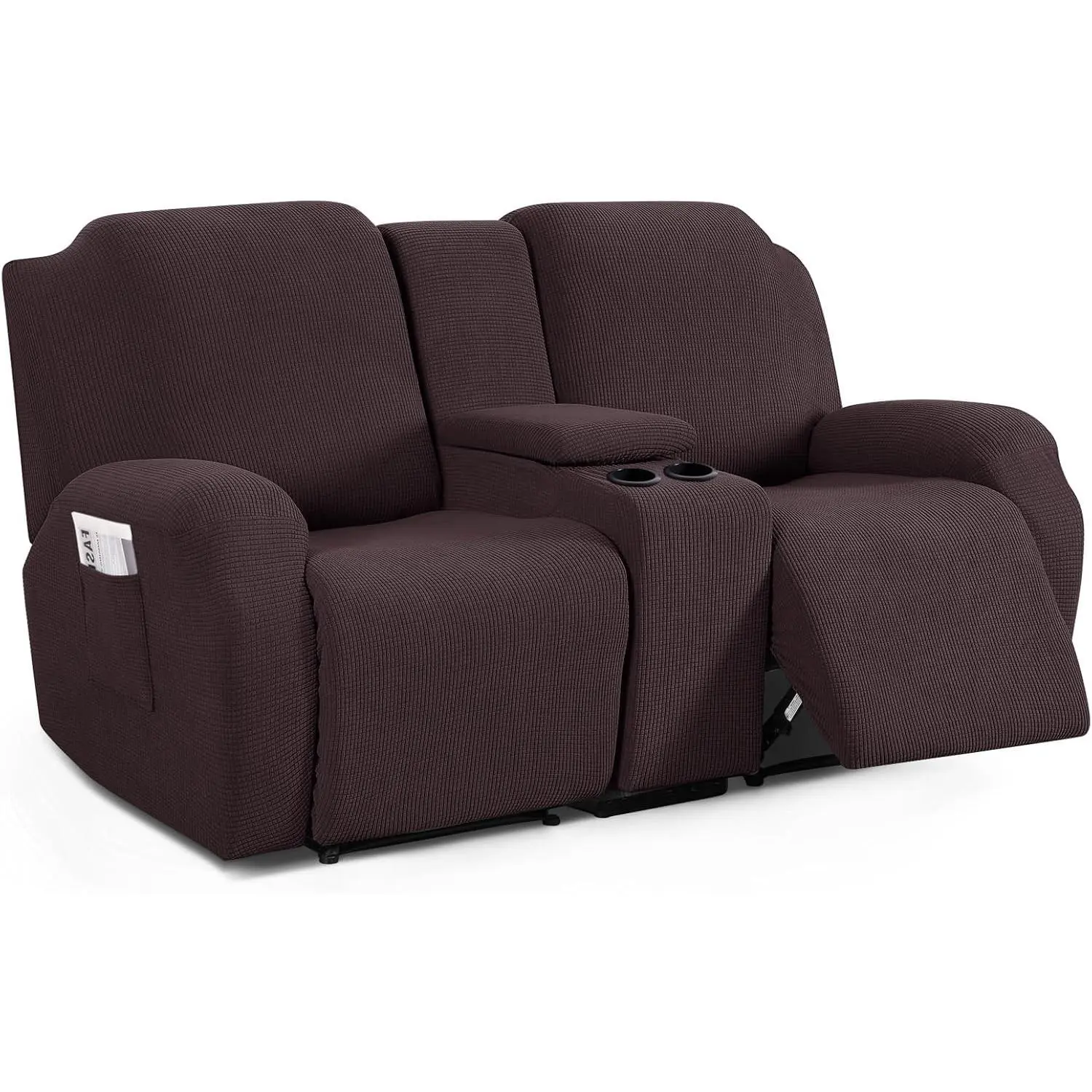 Loveseat Recliner Cover with Middle Console, Stretch Loveseat Cover for 2 Seat Recliner Couch, Jacquard Reclining Sofa Covers Loveseat Slipcover Furniture Protector, Chocolate