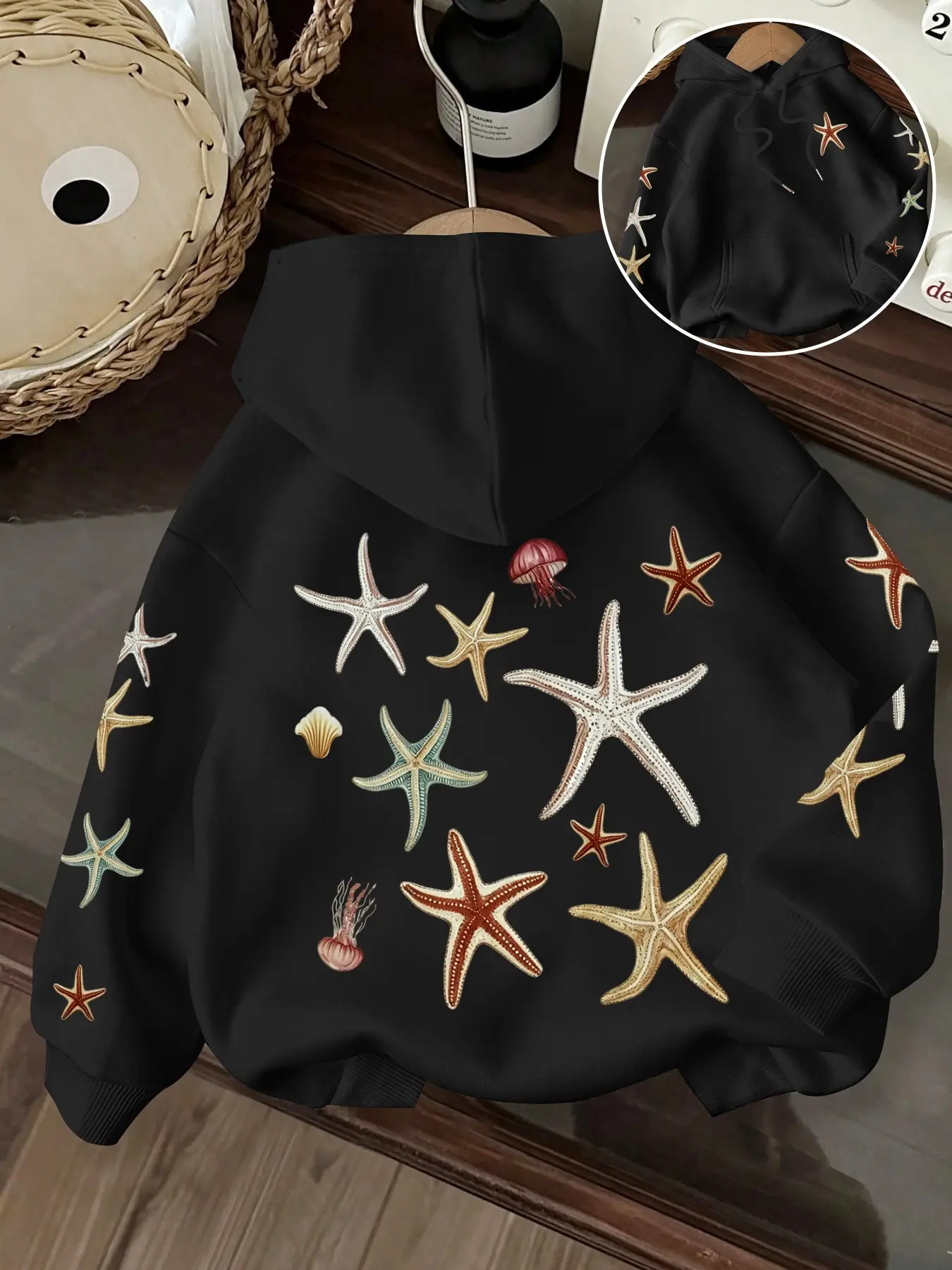Women's Casual Drawstring Pocket Hoodie, Starfish Ocean Print, Long Sleeve, Fall & Winter, Daily Wear, Beach Vacation Sweatshirt