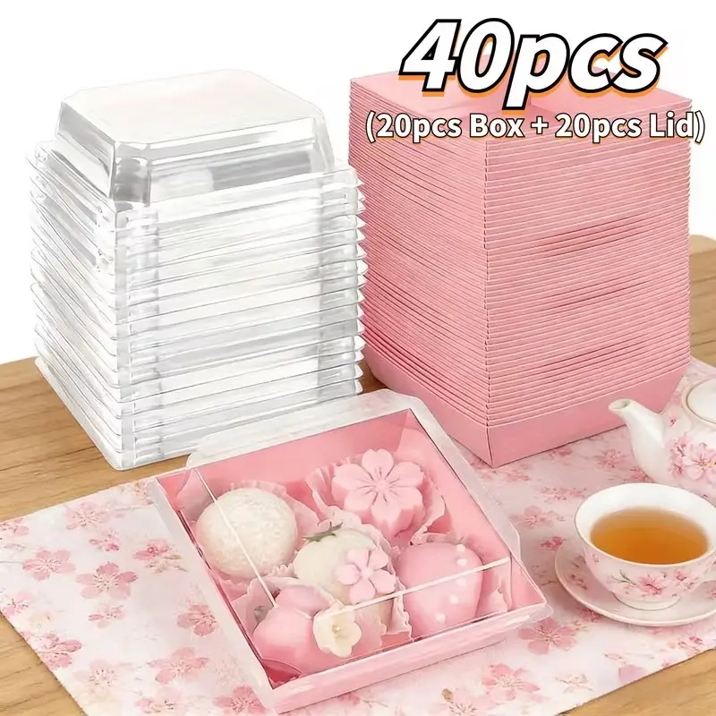 20 Sets Stackable Square Bakery Boxes with Clear Lids, 4.7 Inch Pink Paper Treat Boxes for Charcuterie, Slice Cake, Sandwich, Donuts, Pastries, To-Go Food Packaging Containers