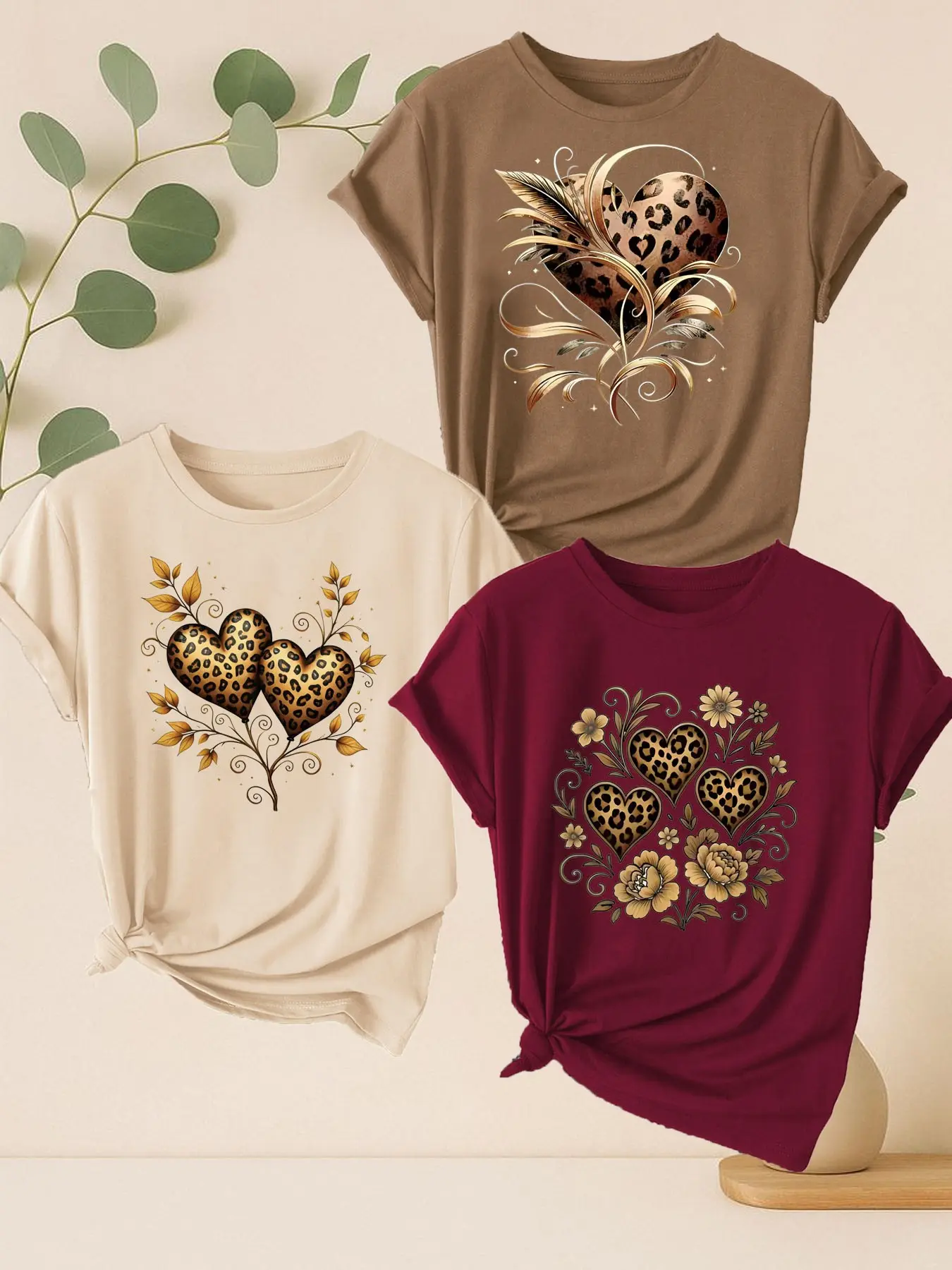 3-Pack Women's Round Neck Short Sleeve T-Shirts, Heart Series Leopard Print, Casual Sporty Fashion, Soft Comfortable Fabric
