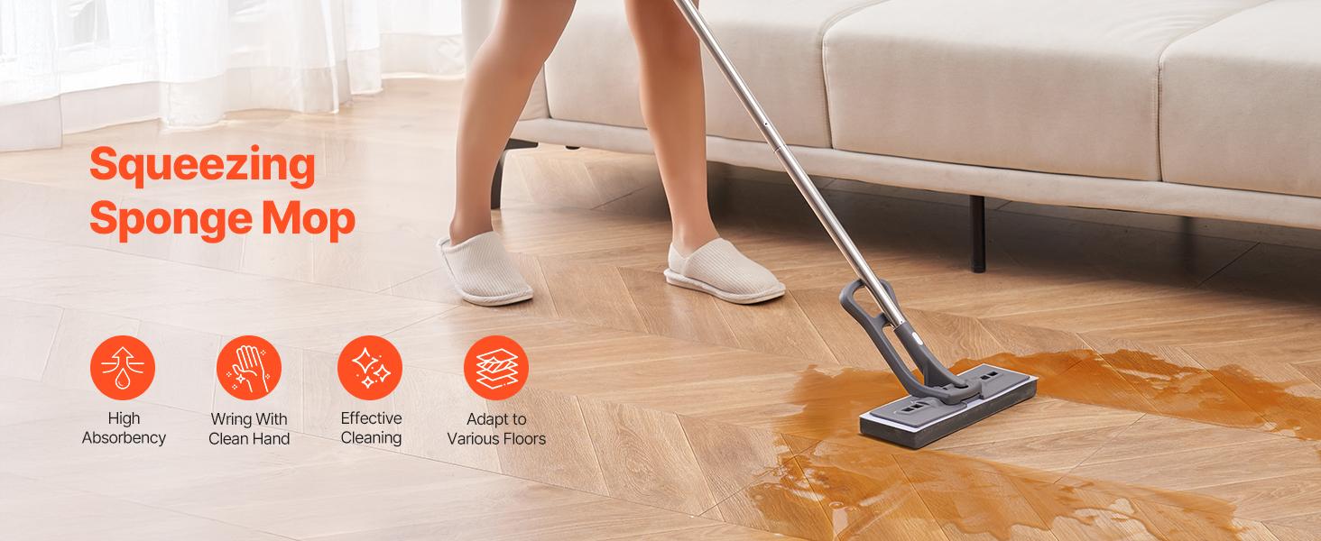 VEVOR Sponge Mop, High-Density PU Sponge Mop with 1 Pcs Sponge Mop Replacement, Easy to Squeeze Sponge Mop with Hook & Loop for Head Change, Fit for Various Floors’ Cleaning