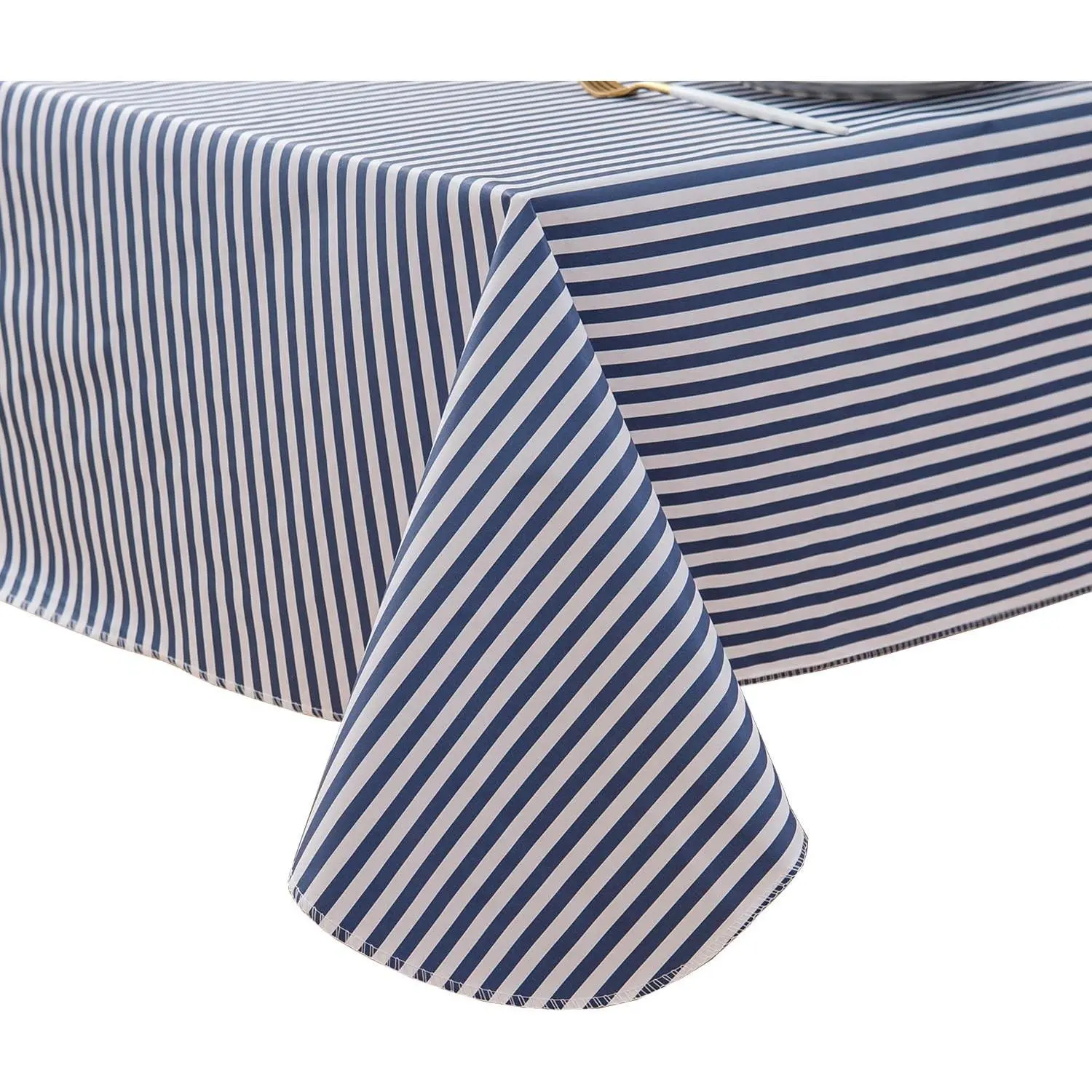 Vinyl Tablecloth with Flannel Backed Waterproof Oil-Proof PVC Table Cloth Stain-Resistant Wipeable Easy Care Table Cover for Indoor and Outdoor (Blue Stripe, 60 x 84 Inch Rectangle)