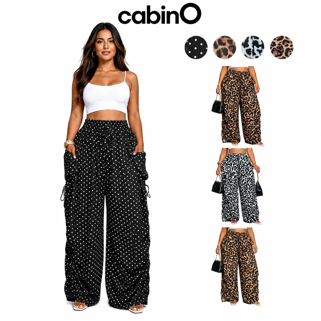 Cabino Women’s Plus Size Black Polka-Dot Wide-Leg Pants, Adjustable Drawstring Elastic-Waist Loose Palazzo Trousers with Oversized Side Pockets for Vacation, Lounge and Casual Daily Wear