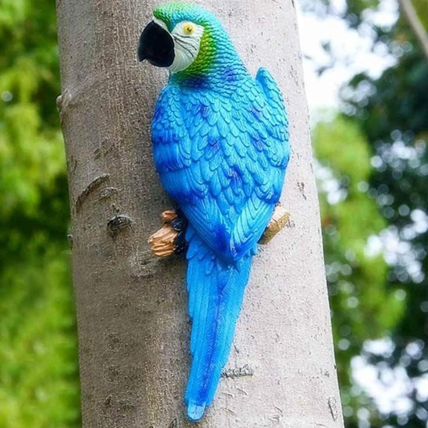 Large Parrot Decor Outdoor Tiki Bar Decoration, 12.5" Fake Birds Wall Art for Tropical Hawaiian Pool Decor, Resin Hanging Realistic Macaw Statue for Patio, Fence, Plam Tree, Yard, Garden, Deck(Blue)