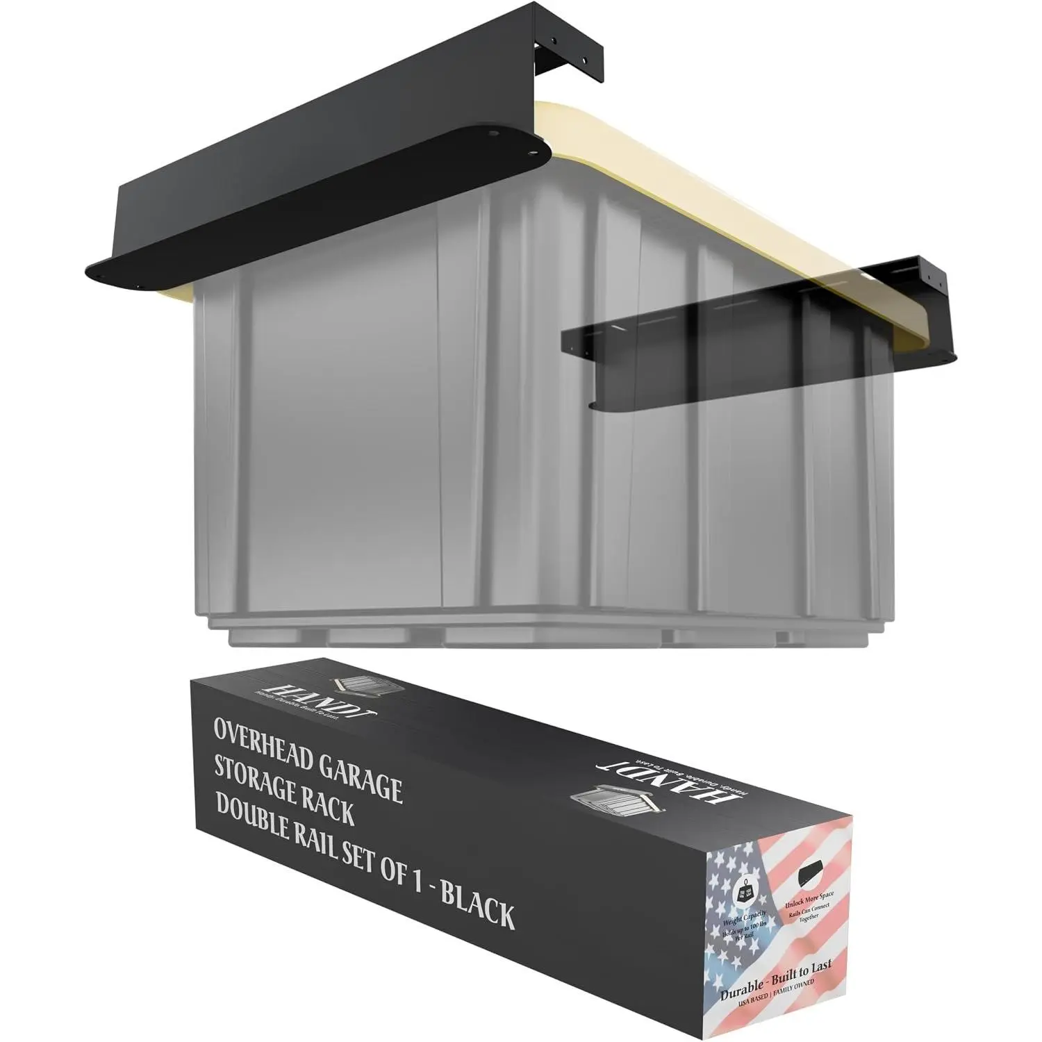 Based Overhead Garage Storage Rack, Connectable Heavy Duty Metal Ceiling Rails Garage Storage Organization Shelving System,  Racks Tote Containers, Supports Up To 1 Bin, 1 Set Black