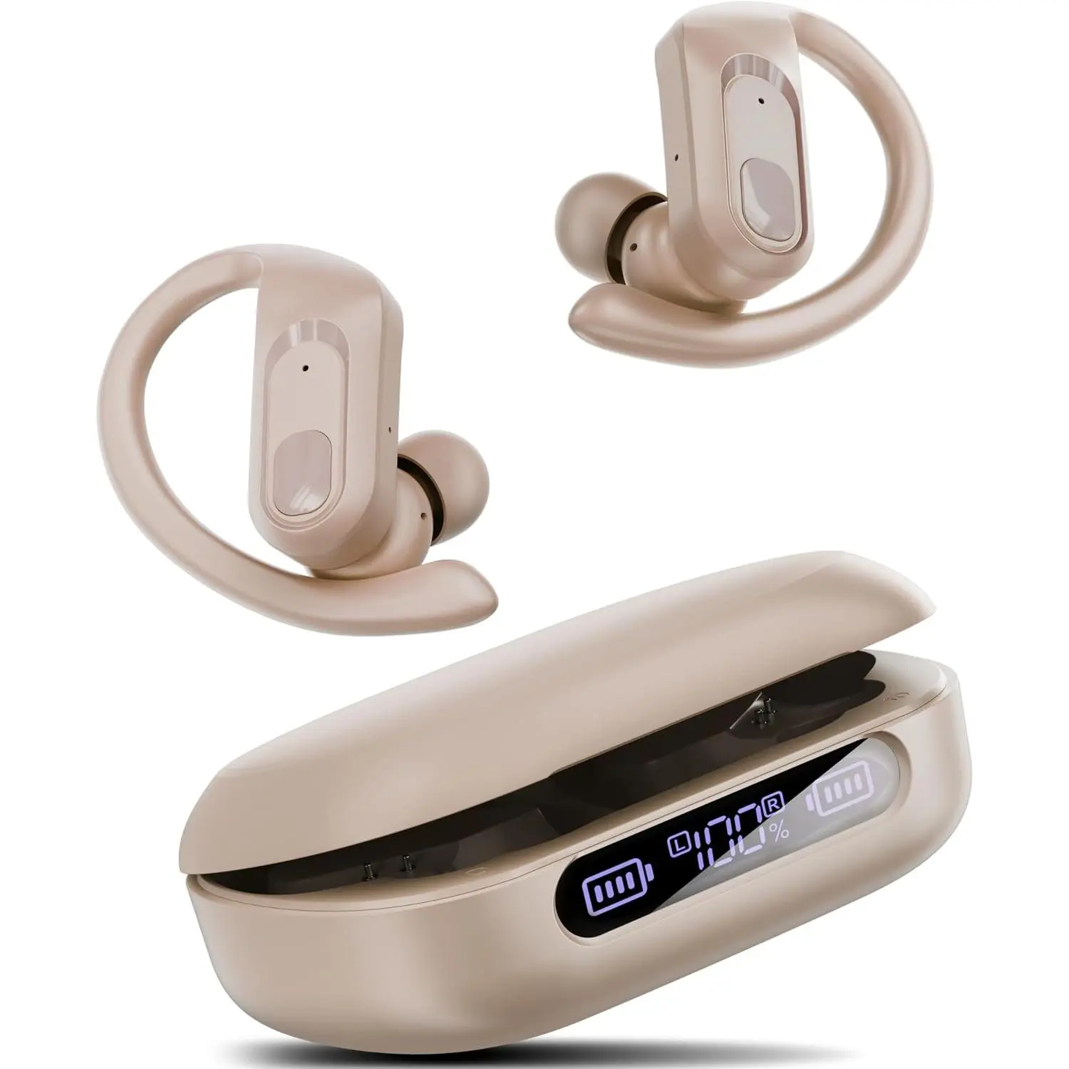 Active Noise Cancelling Wireless Earbuds Bluetooth Headphones Ear Buds 96Hrs Playback Clear Call Waterproof Earphones with Ear Hook Microphones for Sport Running Off-White