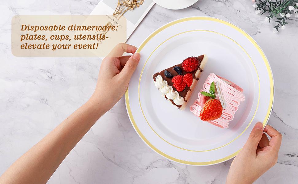 200pcs Gold Disposable Plates – 100 Dinner & 100 Dessert Plates for Winter Gatherings & Parties