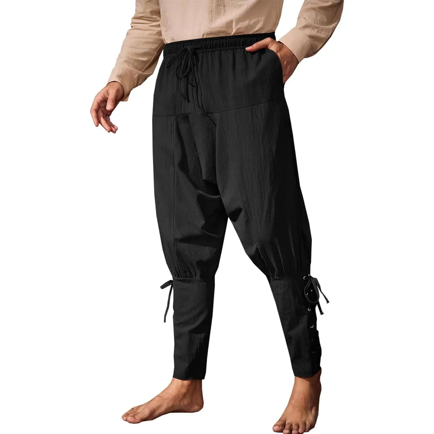 Men's Medieval Renaissance Viking Pirate Costume Pants - Lace-Up Cotton Trousers, Ankle Banded, Navigator Style, Ren Fair & Halloween(Gift)
