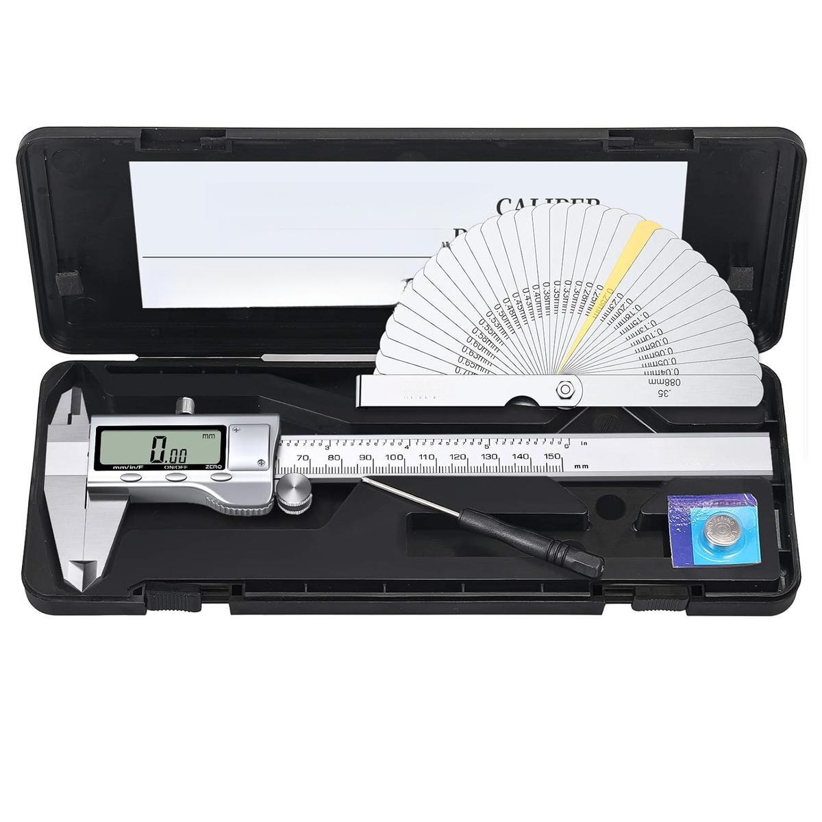 Digital Vernier Caliper 6inch/150mm + 32 Feeler Gauges Dial Caliper Caliper Fraction/Inch/Metric Electronic Caliper Measuring Tool for Length Width Depth Inner Outer Diameter