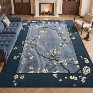 8x10 Area Rugs for Living Room, Oriental Floral Birds Large Washable Rug for Bedroom, Soft Low Pile Non Slip Carpet for Dining Room  Room  Office  Decor, Blue