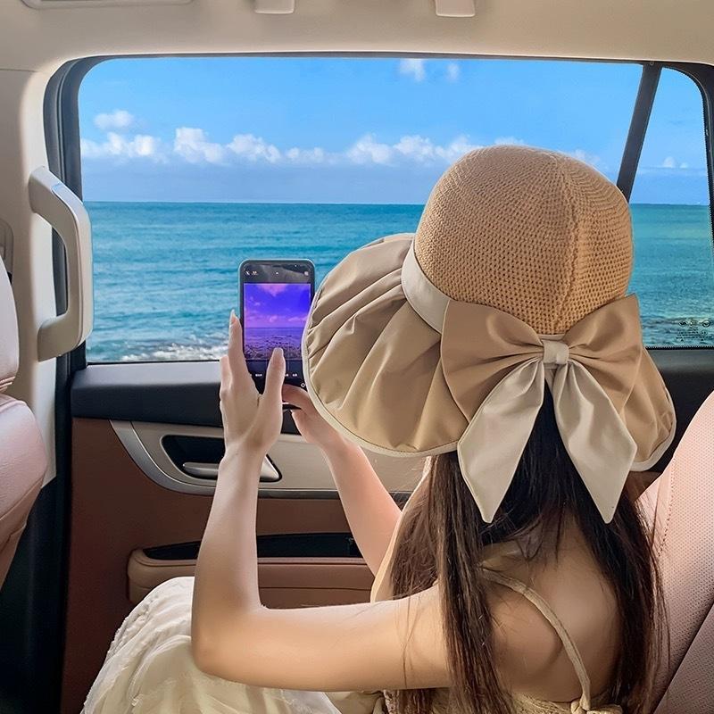 Women's UPF50+ Sun Protection Hat, Wide-Brim Foldable UV-Protective Beach Hat with Bow, Summer Travel Vacation Sun Hat