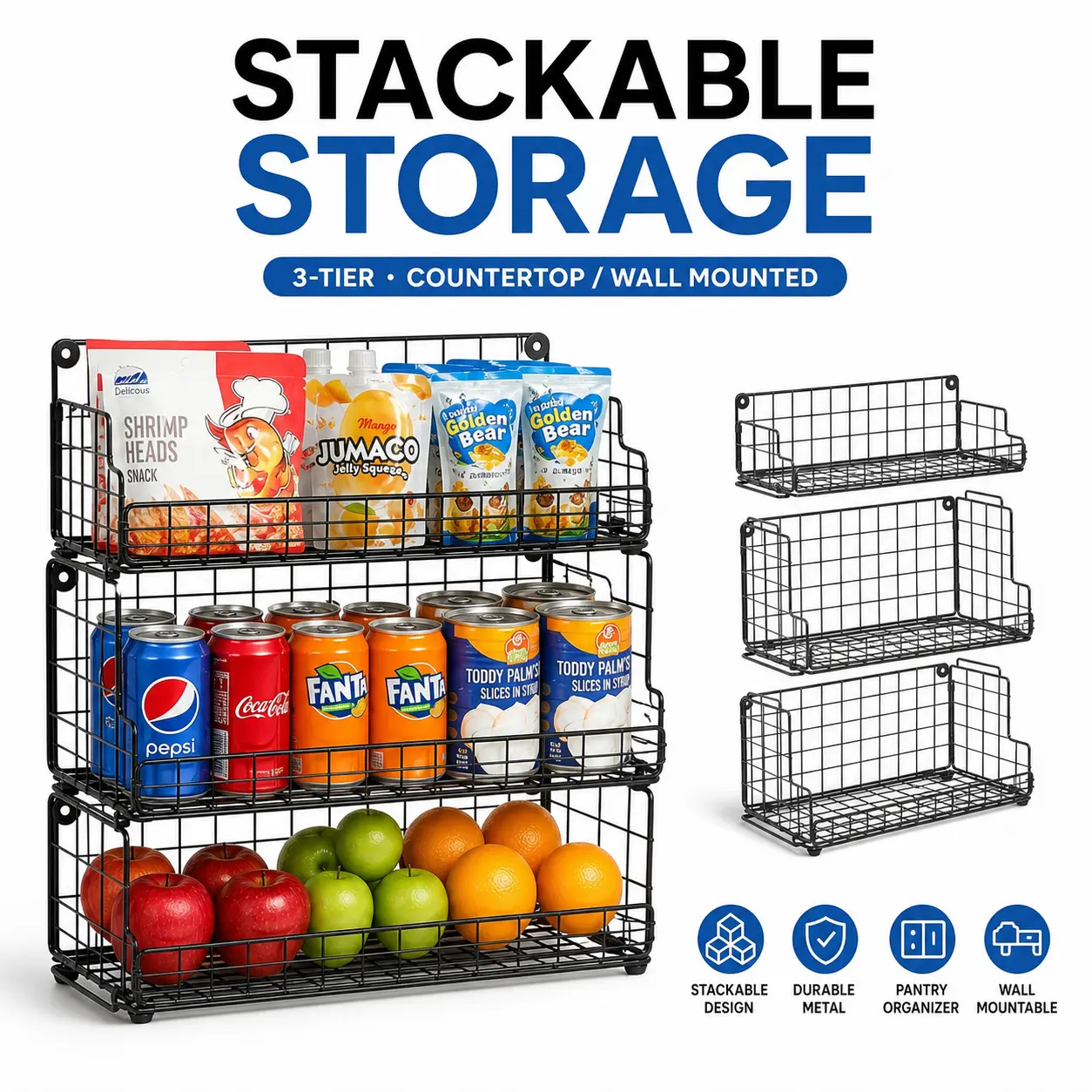 3-Tier Stackable Wire Basket, Black Metal Open-Front Storage Bin for Countertop or Wall-Mounted Kitchen Pantry Cabinet, Food, Fruit & Snack Organization