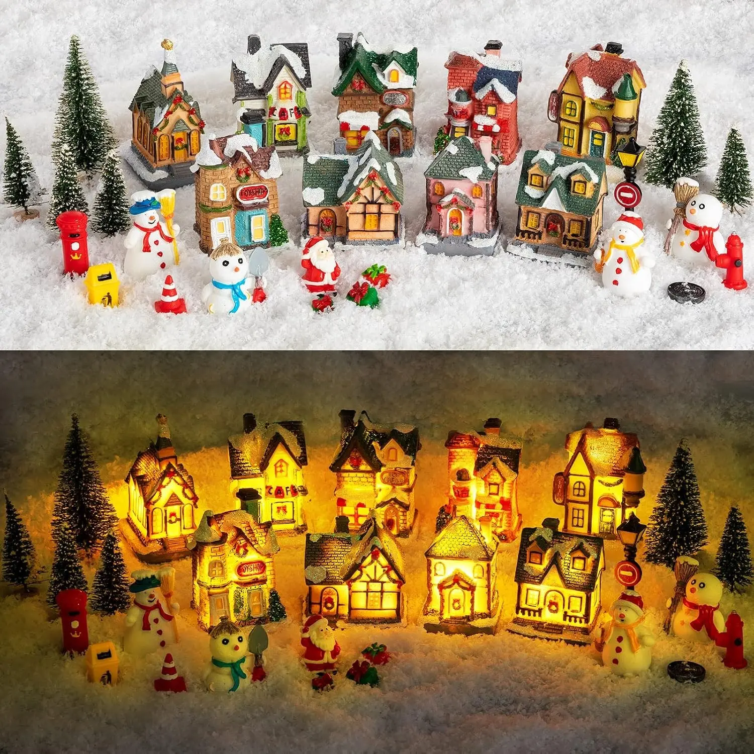 30-Pc Xmas Theme Figurine Set, LED Lights Tiny Resin Villages, Display Ornaments for Christmas Table Decor, Tiny Villages