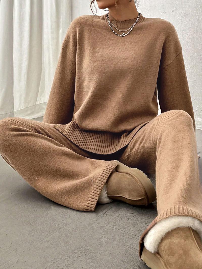 【Plus Size】 Two-Piece Set Women's Solid Color Sweater & Pants, Casual Fashion Knitwear Set for Daily Outdoor Wear, 2 Piece Sets Women, Women Knitwear for Fall & Winter