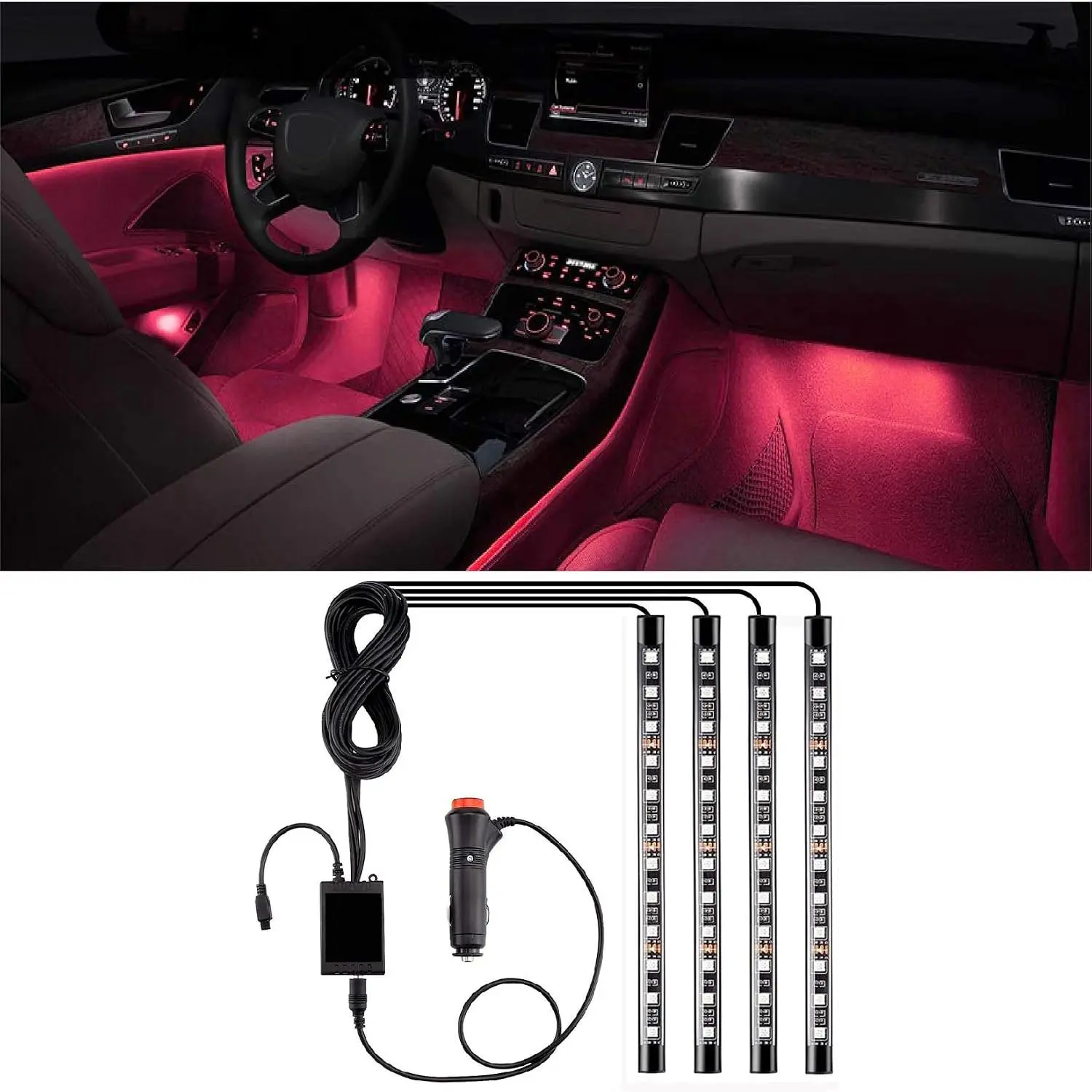 DC 12V Power RGB + Remote LED Strip Kit, Automotive Interior Adhesive Mount Multicolor Underglow Lights with Sound Sync Function, Controller & Charger Included, Car, Led Lights For Cars