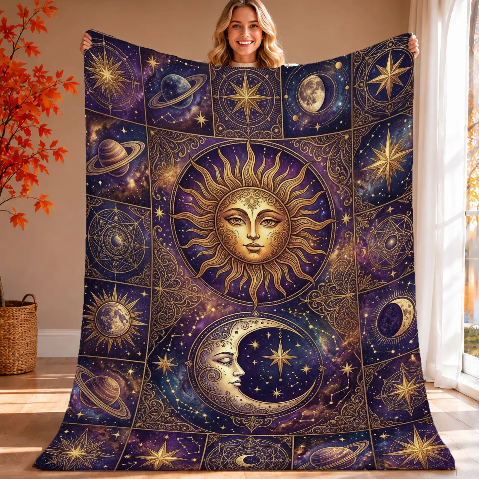 1PC Sun Moon Celestial Throw Blanket, Vintage Cosmic Printed Decor for Bedroom Meditation Room Sofa Blanket