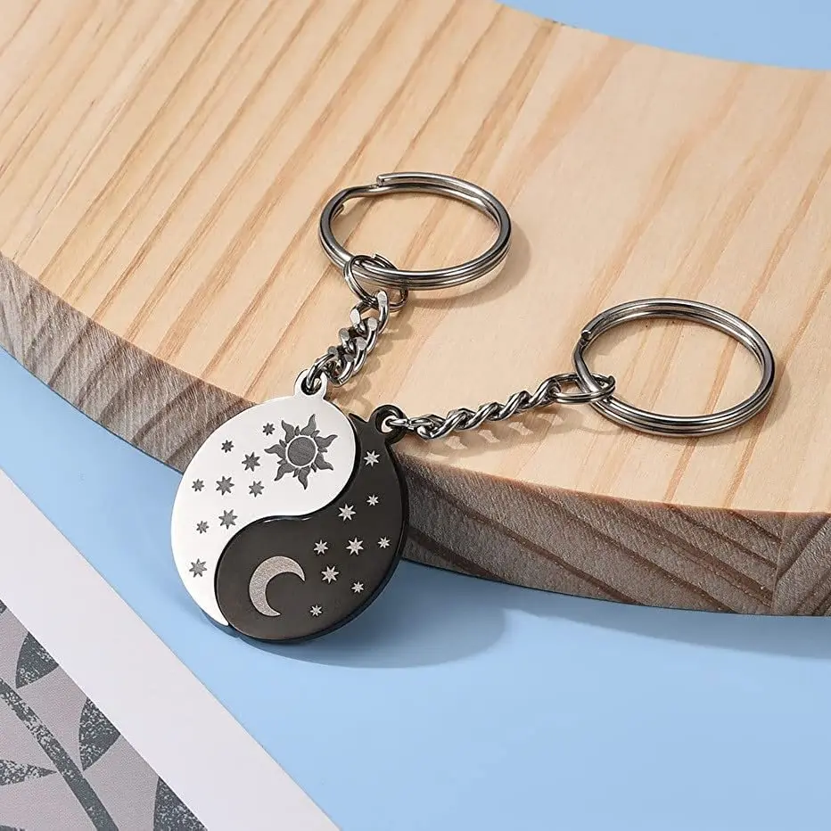 Celestial Grunge Keychain, Interlocking Sun & Moon Yin Yang Zinc Alloy Charm for Soulmate Friendship, Space Themed Backpack Accessory with Split Ring, Cosmic Grunge, High Polish, Heavy-Duty Smooth Split Ring With Chain, Bag Charms, Unique Gifts, Whimsical