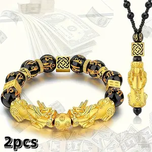 Unisex 2-Pcs Pixiu Wealth Jewelry Set - Black Mantra Glass Bead Double Pixiu Elastic Thread Bracelet, Alloy Dice Spacers Necklace, Animals-Themed Feng Shui Accessory for Blocking Negative Energy & Good Luck
