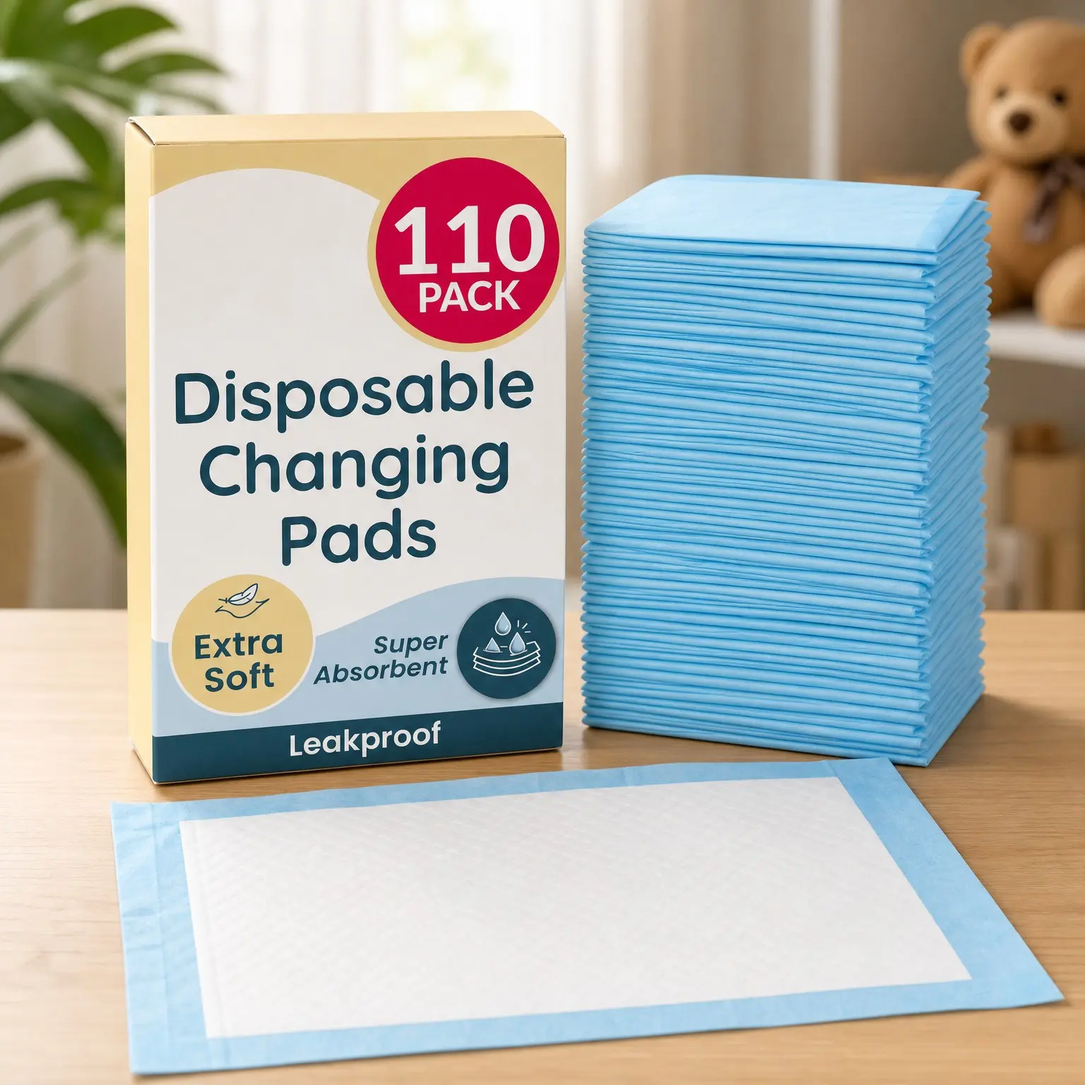 Disposable Changing Pads for Baby (110 Pack) | 13" x 18" Super Absorbent, Leak-Proof, Waterproof Quick Dry Underpads (Blue/White)(Gift)