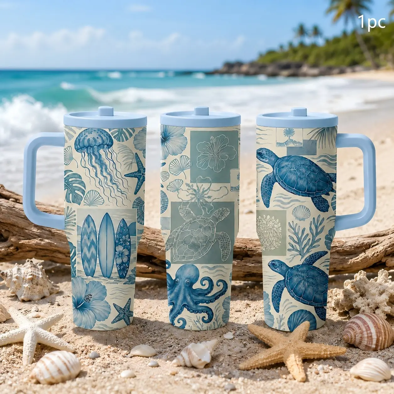 1PC 30oz/40oz Coastal Sea Turtle Jellyfish Octopus Surfboard Insulated Tumbler with Handle & Leak-Proof Lid, Double Wall Vacuum Stainless Steel Travel Mug, Hot 12H Cold 24H, Large Capacity Cup for Men Women, Beach Lover Gift