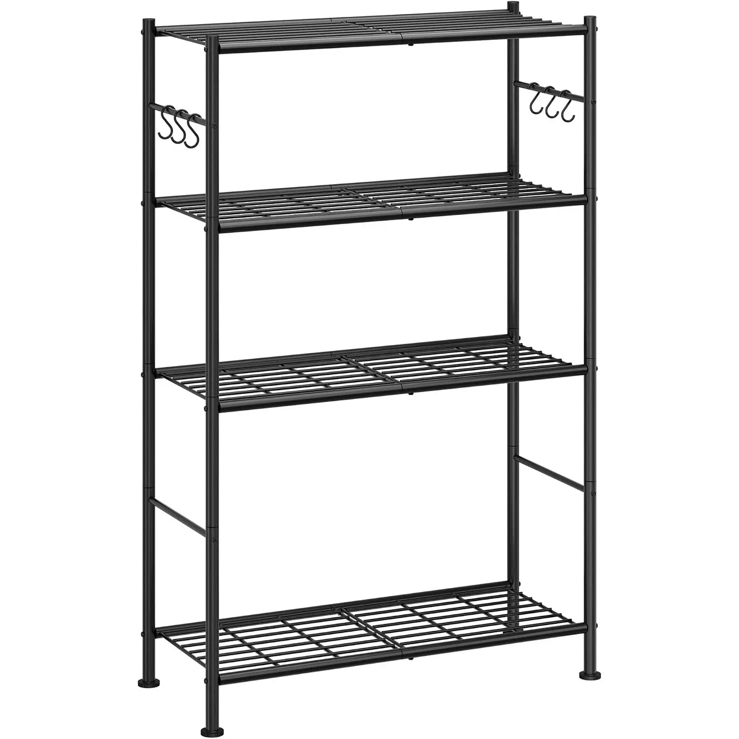 Storage Shelves - 4-Tier Spacious Shelf Organizer with Hooks & Leveling , Easy to Assemble, Rust-Resistant Garage Shelving for Kitchen, Pantry, Bedroom, 33.2" x 12.7" x 57.3", Black