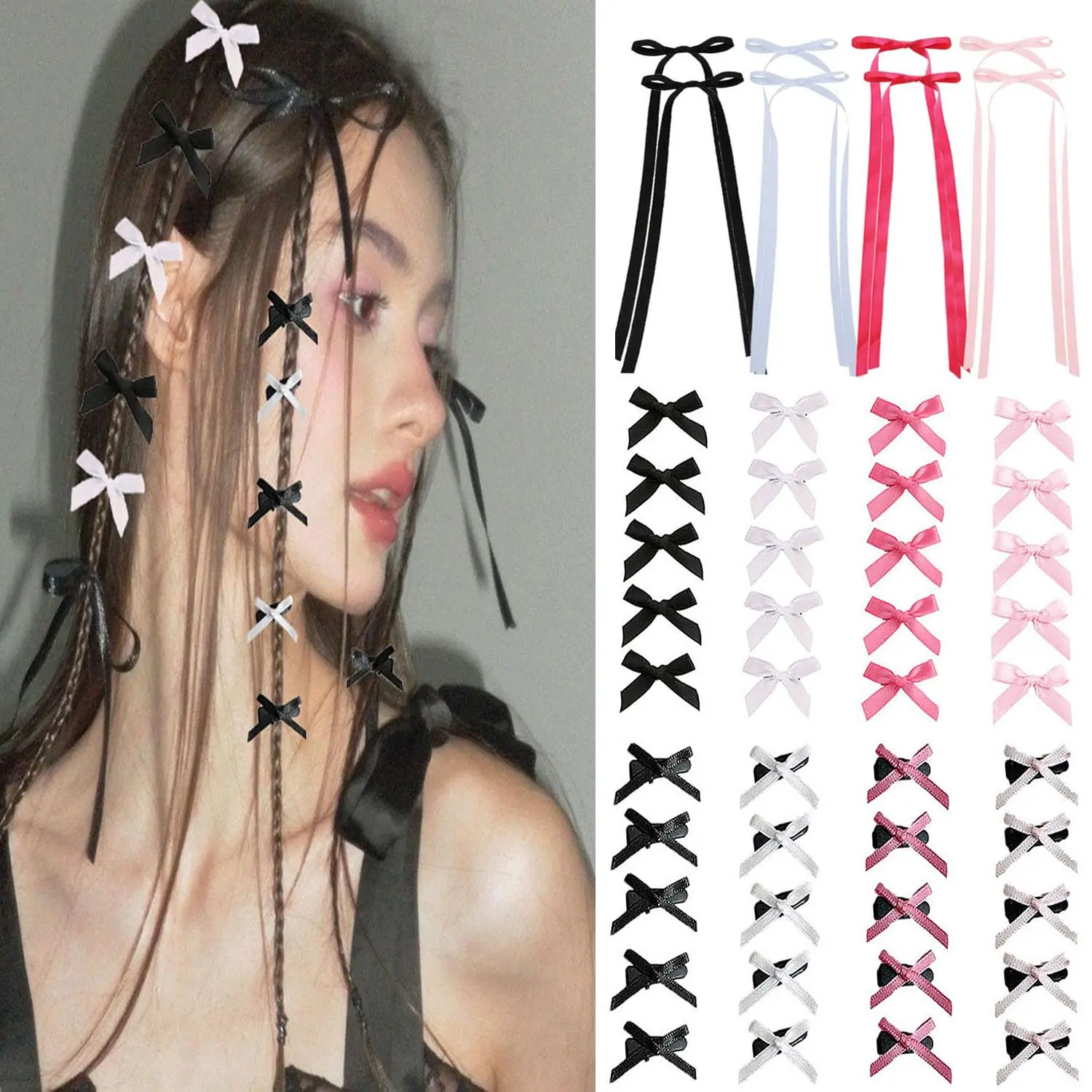 48 count Mini Hair Bows for Women Girls,Cute Bow Hair Clips Mini Bows Ribbon Bowknots Hairclips for Hair Design,,Black,White,Hot  Satin Bow Hair Clips
