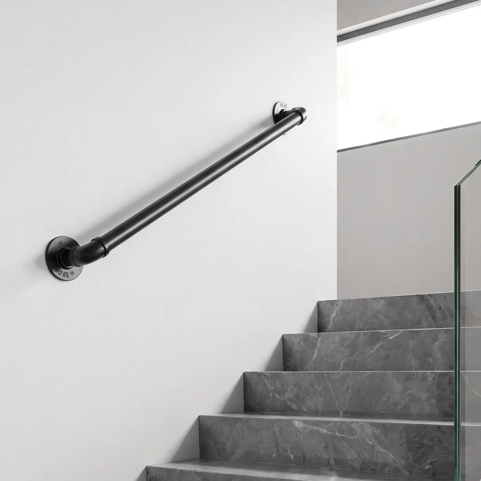 VEVOR Wall-Mounted Stair Handrail, 2 ft 440 lbs Load Black Metal Railing, for Indoor Steps, Loft, Porch & Hallways, Heavy-Duty Industrial Carbon Steel Hand Rail, Round Tube, with Mounting Hardware