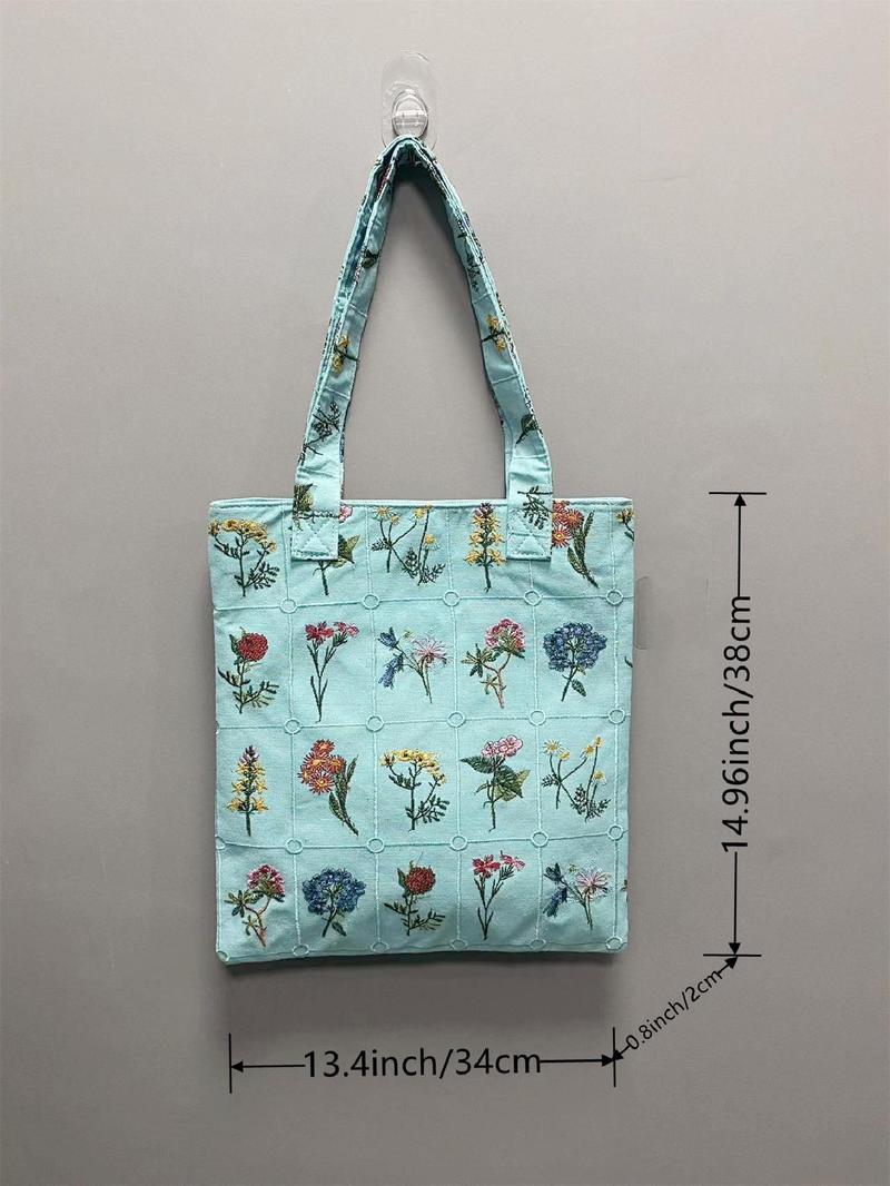 Women's Floral Pattern Embroidered Tote Bag, Fashionable Summer 2024 Large Capacity Shoulder Bag for Teen Girls, Women, Casual Tote Bag