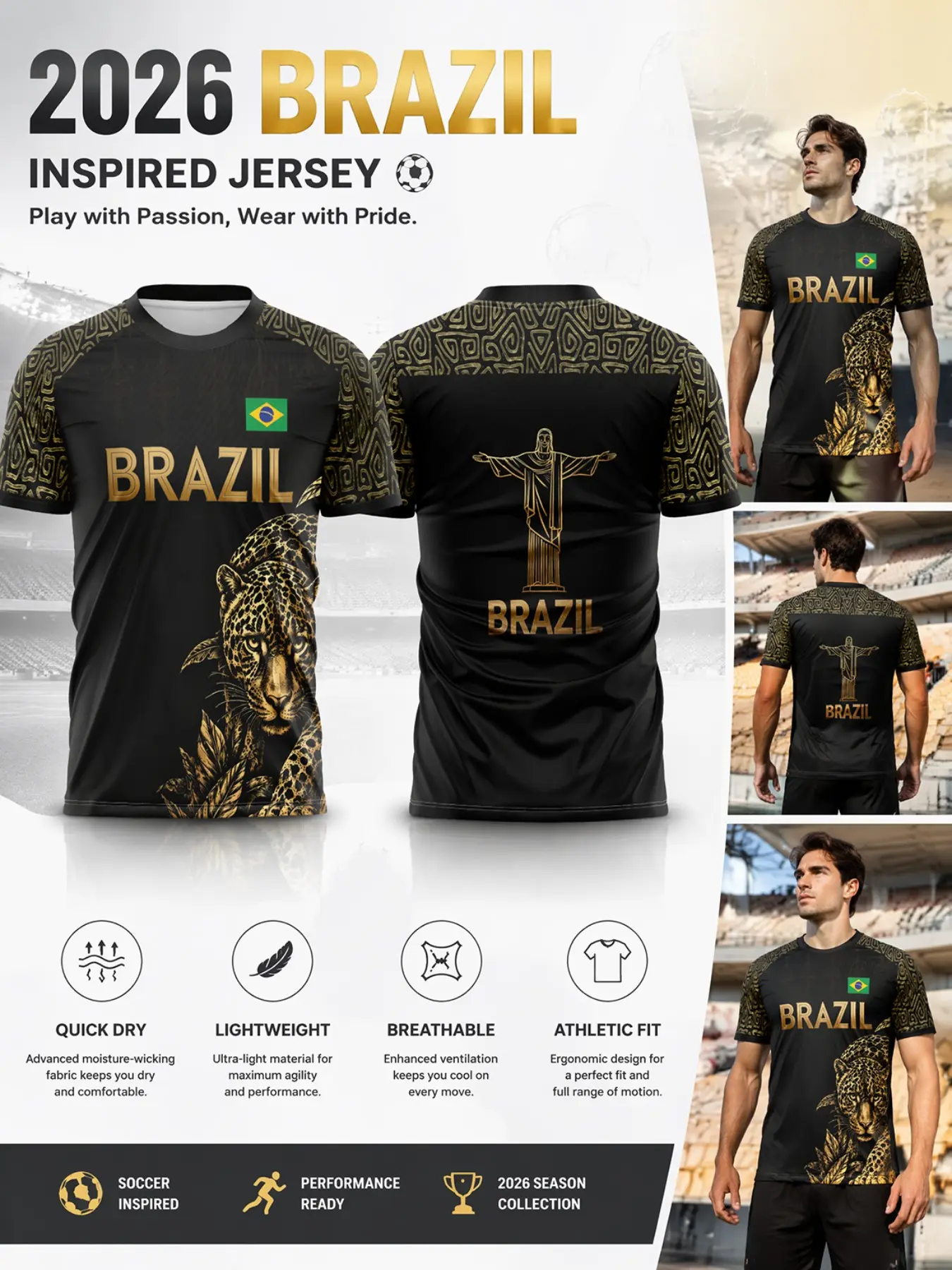 2026 Brazil Soccer Jersey, Mesh Christ Savior Indigenous Geometric Print, Quick-Dry Breathable Sporty T-Shirt for Fans