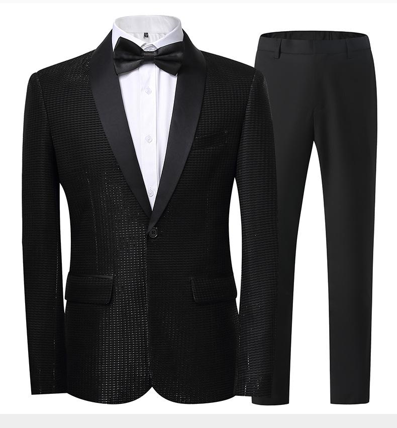 Men's Slim Fit Groom Tuxedo Suit  Korean Style Wedding Blazer & Pants Set, Business Casual Plaid Suit