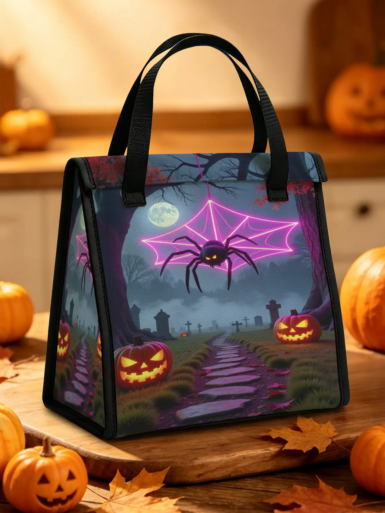 Purple Web Giant Spider Cemetery Pumpkin Lunch Bag Halloween Theme Bento Bag Waterproof, Oil proof, Thermal Insulation, Suitable for Office, Camping, Picnicking, and School Use