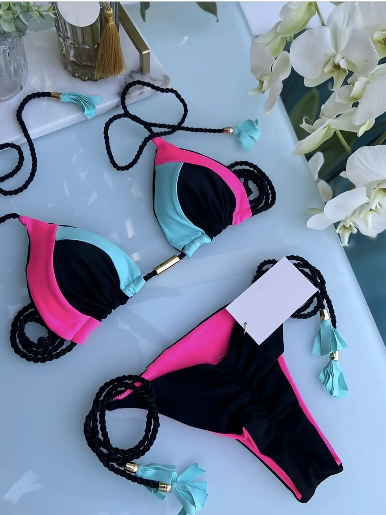 2026 Women's Solid Color Patchwork Swimsuit, Sexy Triangle Bikini Set, Braided Tie Binding, Summer Beach Swimwear, Swimsuit Sets
